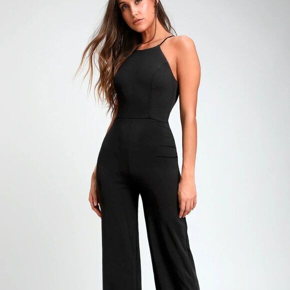 Lulu's Pants - Lulus Aniyah Made in USA Black Side Zip Wide-Leg Halter Top Jumpsuit Size M